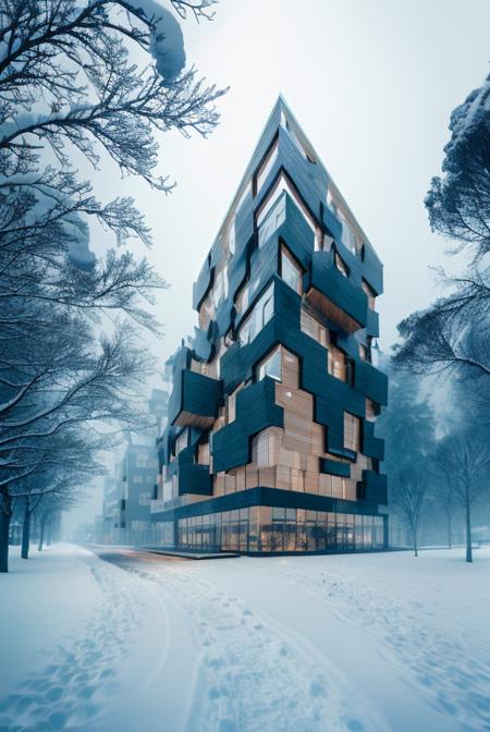 city,rain,day, human perspective, single building,(snow:1.3),forest