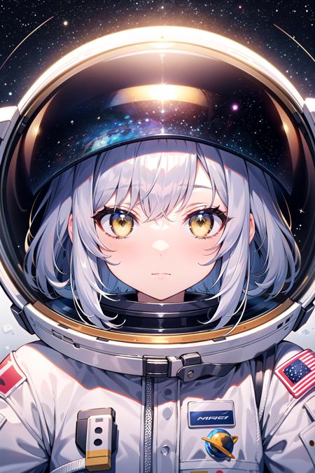 masterpiece, best quality, close-up, space, astronaut, silver hair, yellow eyes, messy hair, space helmet,