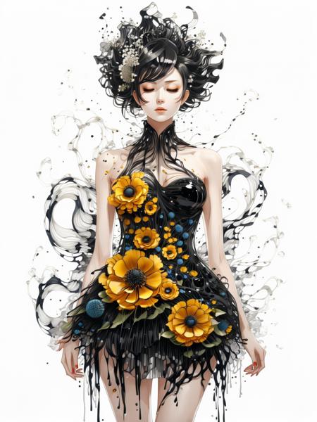 anime art style, a woman in a dress made of ferrofluid threads and flowers, white background, waist up shot
<lora:xl_more_art-full-beta2:1.2>