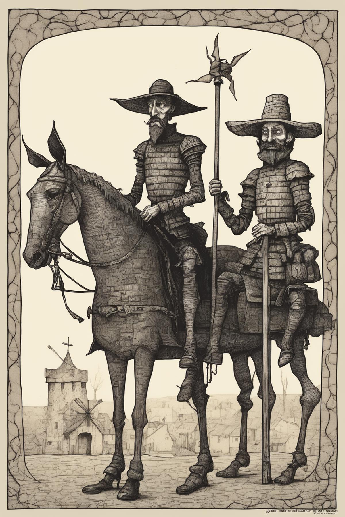 Drawing of Two Men in Armor Riding Horses and Holding Flags
