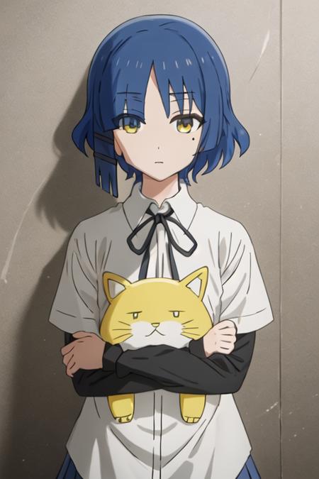 best quality, masterpiece, highres, solo, {yamada_ryo_bocchitherock:1.15}, blue_hair, short_hair, bangs, mole_under_eye, mole, yellow_eyes, hair_ornament, closed_mouth, hairclip, 1girl, black_ribbon, collared_shirt, neck_ribbon, ribbon, shirt, white_shirt, looking_at_viewer, expressionless