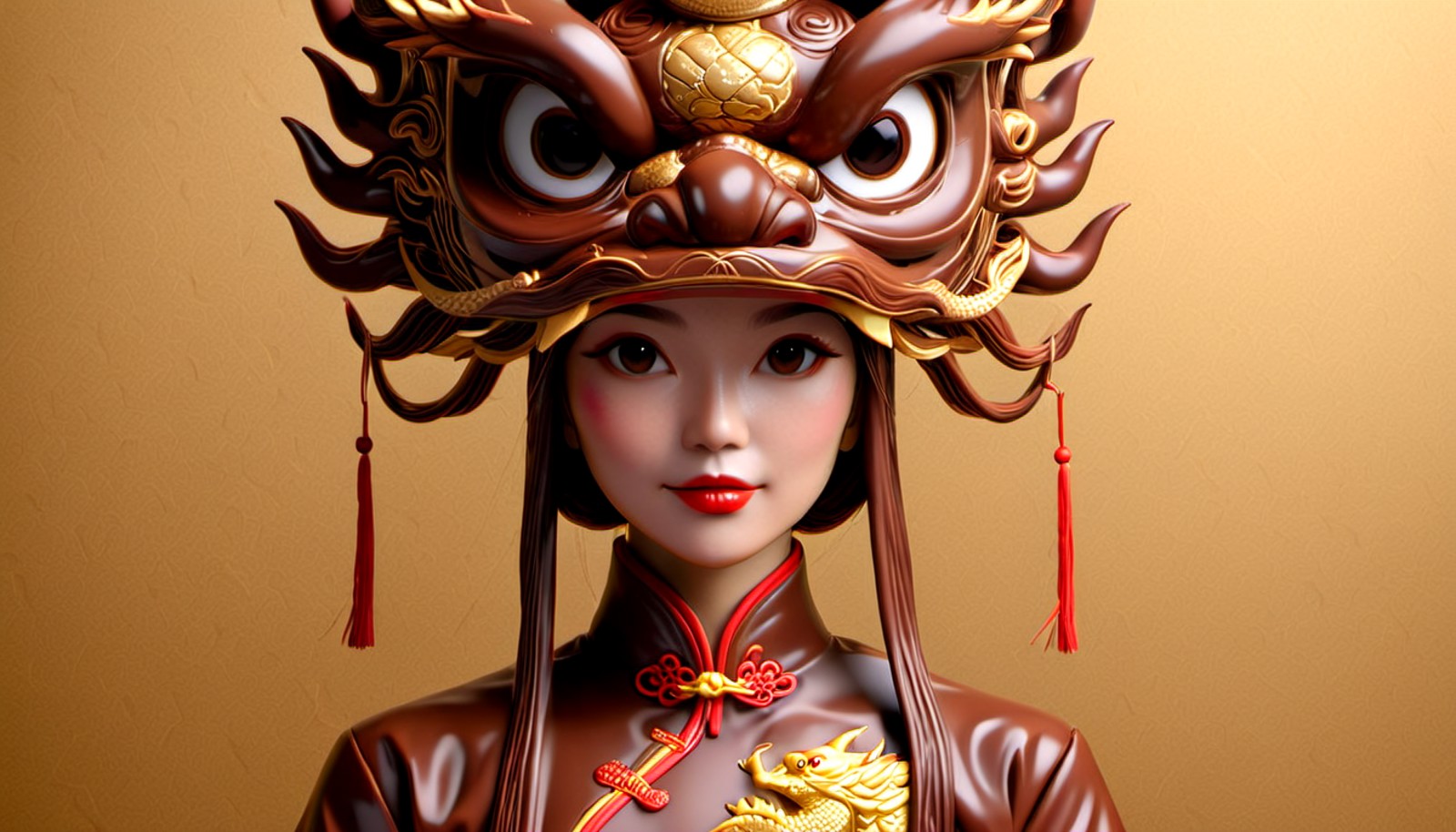 ChocolateRay, woman made of chocolate, wearing traditional chinese garb and a Dragon Mask