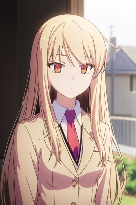 best quality, masterpiece, highres, solo, {shiina_mashiro_sakurasounopetnakanojo:1.15}, blonde_hair, long_hair, red_eyes, brown_eyes, 1girl, blazer, jacket, looking_at_viewer, necktie, red_necktie, school_uniform, upper_body