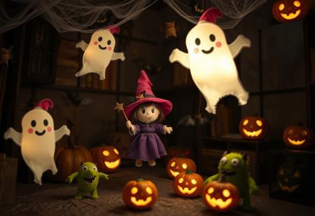 In a dimly - lit Halloween room, there are cute plush toys that look like ghosts floating in the air. A little witch with a pink pointed hat and a big smile is waving her star - tipped wand, casting some harmless yet spooky spells. There are also small, friendly - looking monsters with big eyes and goofy teeth, jumping around playfully. Cobwebs adorn the corners, and a few real - looking fake bats are hanging from the ceiling. Jack - o' - lanterns with silly faces are scattered about, their warm glow adding a touch of coziness to this otherwise eerie scene.