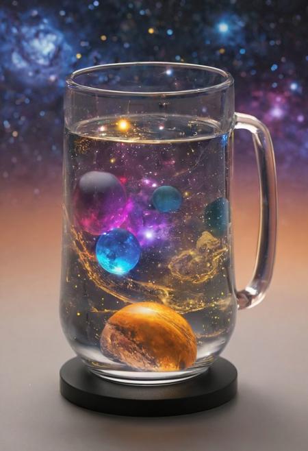 transparent mug made of a solar system  the bright colors of the galaxy and a incredible 
 full of stars around 
Wide range of colors., Dramatic,Dynamic,Cinematic,Sharp details
Insane quality. Insane resolution. Insane details. Masterpiece. 32k resolution.
<lora:add-detail-xl:0.95> <lora:dvr-lnds-sdxl:0.3> dvr-lnds-sdxl <lora:MJ52:0.25> <lora:ral-apoctvisn-sdxl:0.3> ral-apoctvisn <lora:zavy-cntrst-sdxl:0.35> dark, chiaroscuro, low-key <lora:zavy-rmlght-sdxl:0.41> zavy-rmlght <lora:SDXLFaeTastic2400:0.225>