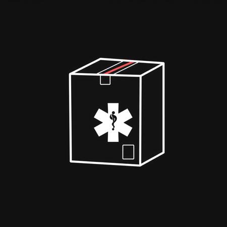 (stylized 2D, vector art), (schematic representation of an cardboard box with a medical symbol), (solid colors, thick-linework), white outline, black background, cardboard box with a medical symbol white in the center, black background, HDR, UHD, overall design is square, the design is only in black and white and minimalist in style