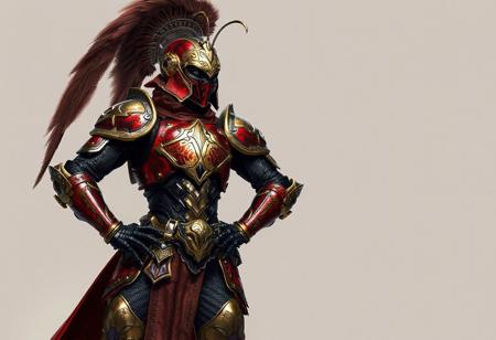 Digital rendering showcases a Gravekeeper's Cannonholder, ready for battle, dressed in an intricately detailed Metal Armored Bug suit, predominantly red and gold with black and silver accents. The helmet features a prominent plume, and the Cannonholder's confident posture, with one hand on the hip and the other on the thigh, exudes a sense of readiness. A neutral backdrop of an Aquamirror Contact enhances the vibrant colors of the armor in the 4K image, which boasts exceptional quality, lifelike details, sharp lines, harmonious colors, and a dynamic action pose, all handcrafted with precision and high-quality brush strokes. The image's impeccable composition, captivating lighting, and vivid emotions make it a stunning and beautiful artwork, with detailed eyes and a powerful message, trending on ArtstationHQ.