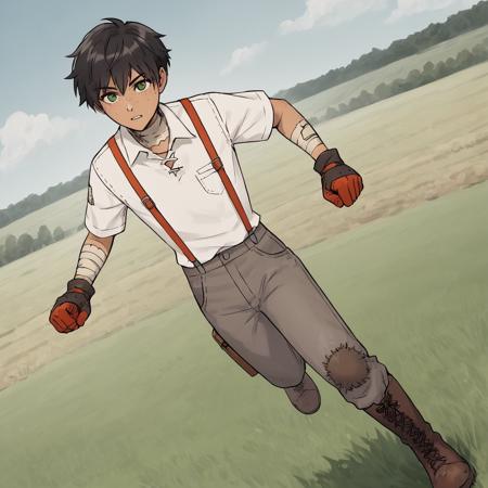 oscarpine, gloves, suspenders, tan, freckles, green eyes, black hair, white shirt, short hair, bandages, boots