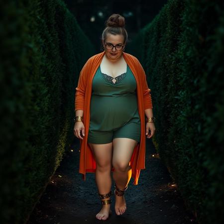 Cinematic masterpiece of a Plus size older Scottish woman glasses light brown curly bun Orange draping cardigan. green linen high cut romper hugs her curvy thick thighs. . Brass Shackles with glowing runes etching on the bands are locked on her ankles. She steps barefoot carefully navigates the hedge maze in the darkness
