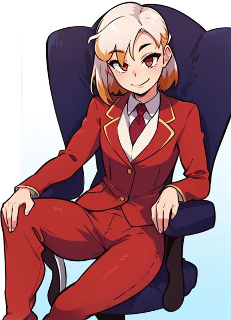 1girl, suit, pantsuit, sfw, fully_clothed, smile, simple_background, full_body, solo, gradient_eyes, smile, sitting, chair, 
<lora:homebrew_dashi3full-000006:0.7>,