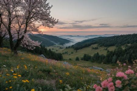 raw photo, a sunset landscape, Carpathian mountains valley temperate forests, Poland forest,  cozy, photorealistic, high detailed texture, 8k uhd, dslr, soft lighting, high quality, film grain, Fujifilm XT3, Sony A7 IV, highly detailed photography, (muted colors, cinematic, dim colors, soothing tones:1.2), vibrant, insanely detailed, hyperdetailed, (dark shot:1.2), (vsco:0.3), (intricate details:0.9), (hdr, hyperdetailed:1.2) (highest coherency: 1.39) (highest quality: 1.39) (rule of Thirds) (award winning) (breathtaking) (masterclass) (vibrant color: 0.79) (foggy: 1.09) (distant hillside) (spring flowers) (sharp focus forground) (detailed european flower: 1.39) (tall cliffs in distance; 1.19)