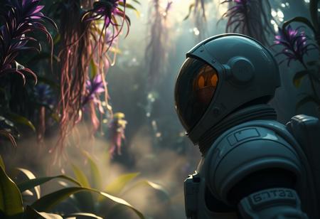 Cinematic shot, astronaut exploring an alien jungle, dense foliage towers overhead, exotic plants with glowing tendrils, vibrant purple and blue leaves, soft mist, futuristic space suit, helmet with gold visor, helmet visor reflects the strange environment, backlit by the morning sun, gentle rays filter through, creating a soft glow, dramatic camera angle, shallow depth of field, 8K, UHD, dslr, film grain, intricate details, hyperrealistic.