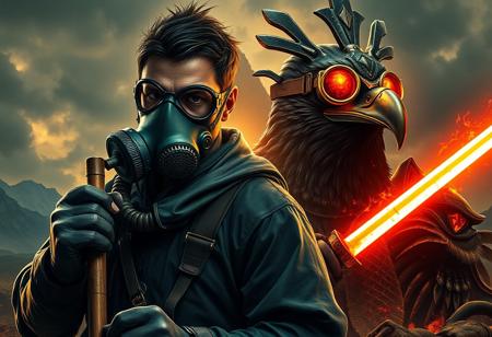 "Create a highly detailed, cyberpunk-inspired image following the golden ratio, featuring a man in a gas mask holding a shovel and a beautiful cyberpunk samurai with a lightsaber hilt emanating a menacing aura. Also include a black aarakocra eagle warlord, brass Victorian goggles, and a battle action scene. Depict the concept of 'the price of NCR' and incorporate a magic wooden staff, O-yoroi armor, and intricate Wiccan elements. Aim for a 4K, photoshopped finish, and draw inspiration from artists like Hiroaki Samura, James Jean, Katsuhiro Otomo, and artworks similar to 'artstation