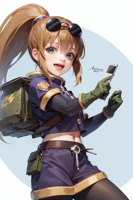 (masterpiece, best quality:1.2), <lora:starocean_neumann-12:1>, cowboy shot, solo, 1girl, precis neumann, \:d, looking at viewer, ponytail, eyewear on head, purple shirt, torn pantyhose, gloves, mechanical arms