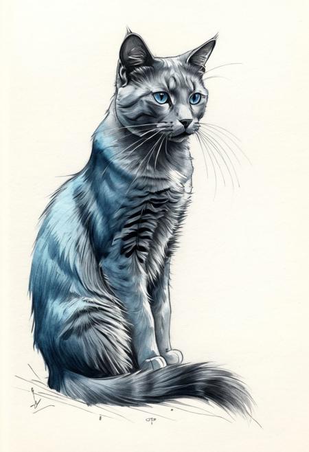 charcoal drawing, sumi-e , cat, pinup drawing,  sketchbook, pencil, perfect anatomy, touch of pastel colors, touch of blue, masterpiece, beautiful, perfect drawing, breathtaking, beautiful sketch