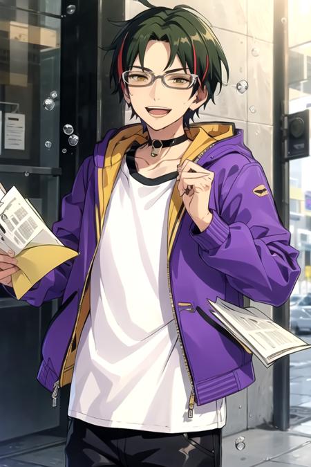 <lora:Keito-07:0.7> ,keitoes, looking at viewer, smile, open mouth, shirt, holding, jewelry, jacket, yellow eyes, choker, hood, streaked hair, hoodie, fish, bubble, paper, purple jacket, holding paper