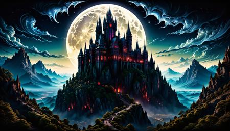 a masterful digital fantasy artwork, a dark tall and gothic vampire castle sits atop a creepy mountain spire, moonlit, night, masterpiece, 8k, award winning, high quality, best quality, cinematic, extremely detailed, intense lighting, epic, in the style of stained glass