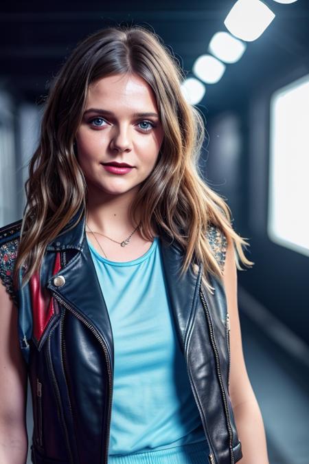 a extreme portrait photo of a stylish  (etvesni-200:0.99), wearing a leather jacket, light blue tank top,  red lipstick, smiling, complex background, (8k, RAW photo, best quality, ultra high res, absurdres, intricate, photorealistic, masterpiece, ultra-detailed, Unreal Engine)