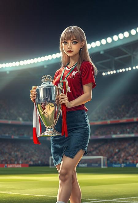 pretty asian woman in soccer stadium, holding a EPL champion trophy, (in japanese anime style), (safe for work). she is in blonde long hair with curtain bangs. wearing Liverpool FC jersey shirt, blue denim pencil mini skirt, and white sneakers.,BREAK, (full body), (best quality,4k,8k,highres,masterpiece:1.2),ultra-detailed,(realistic,photo-realistic:1.37),cinematic lighting,moody lighting,dramatic shadows,vibrant colors, more sunlight, more brighten, (expressive eyes, perfect face, perfect anatomy)