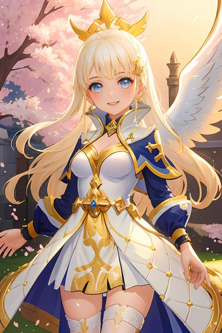 masterpiece, best quality, ultra-detailed,  1girl, solo, rom_saint, beautiful, smile, white dress with blue edgings, golden angel wings, cowboy shot, looking at viewer, cherry blossoms, Golden hour gleam theme, vivid colors, tranquil and magical atmosphere,
<lora:rom_saint-10:0.7>,  <lora:flatBG:-1.4>