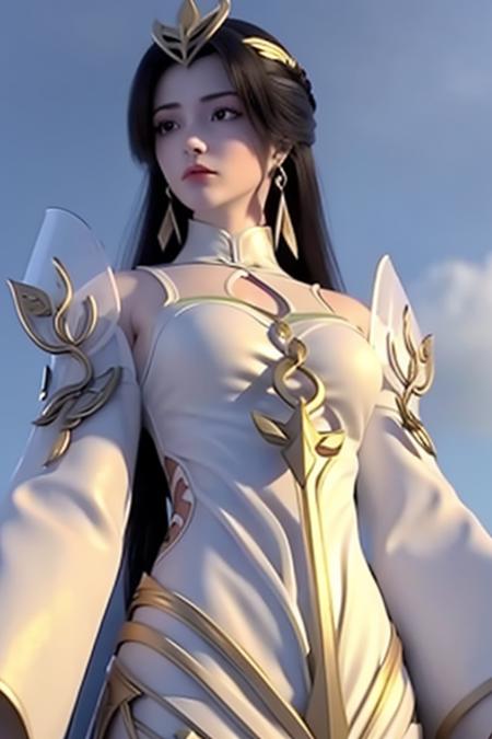 1girl, solo, long hair, black hair, hair ornament, dress, jewelry, closed mouth, upper body, earrings, sky, cloud, white dress, shield , perfect female body, looking at viewer, {{{masterpiece}}}, {extremely detailed CG unity 8k wallpaper}, best quality, Amazing, finely detail,cinematic lighting, close-up, {{floating hair}}, outdoors, sky, {{wind}}, detailed background, beautiful detailed eyes, bright pupils, {{full body}}, dynamic pose, dynamic angle, detailed clothes, smile