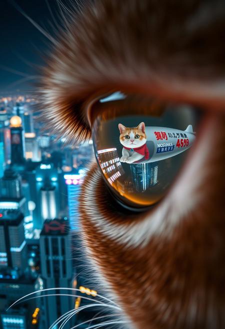 extreme close up portrait of a cat's eye reflecting the a futuristic Tokyo skyline at night from a very high level, the skyline is with futuristic skyscrapers and futuristic transports and futuristic aircraft and spaceships in a variety shapes and sizes, the airships covered with lights and advertisements in Japanese,  reflecting in the cat's eye is a huge airship that has an advertisement with a Japanese cat on the side, the cat's eye has takes up 85% of the image