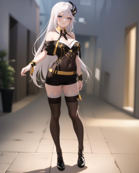 ((masterpiece, best quality, high detailed:1.2)), 8k uhd, 1girl, slender, <lora:CeciliaV1:0.8>, hi3 cecilia, hi3 cecilia valyrie, looking at viewer, full body, parted lips, dress, hair ornament, thighs, shorts, solo, thighhighs, black footwear, medium breasts, bare shoulders