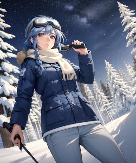 (adult woman), (1girl, solo), (looking at viewer), (ski goggles, goggles on head), (ski cap, ski coat, scarf), (blue hair, braid), (grey eyes), ((trees, slope)), (night, stars), (best quality, high detail), ((masterpiece)), <lora:1_yamanemasahiro_14e:1>