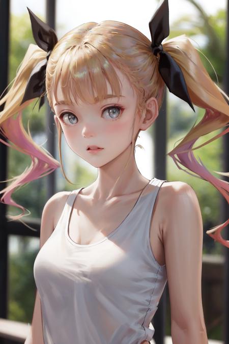 masterpiece, best quality, highres, 1girl twintails hair ribbon <lora:kikoru_shinomiya:1> white shirt tank top