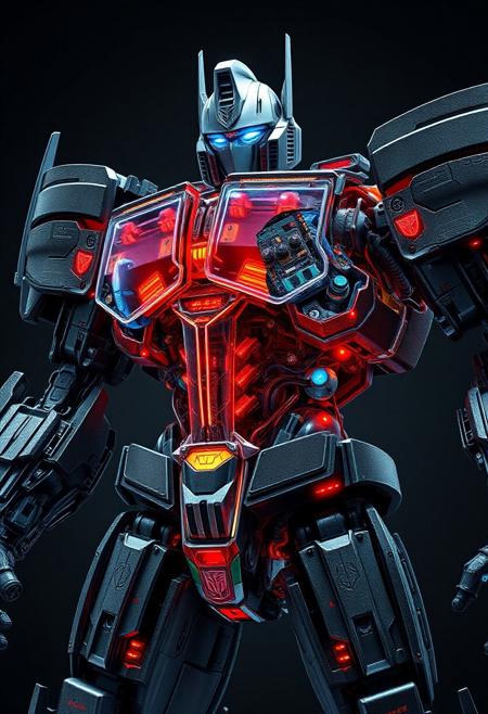 hyperrealistic, optimus prime, A transformers robot with a cut-away view showing pistons and led's and circuit boards and motors. sliced in half.