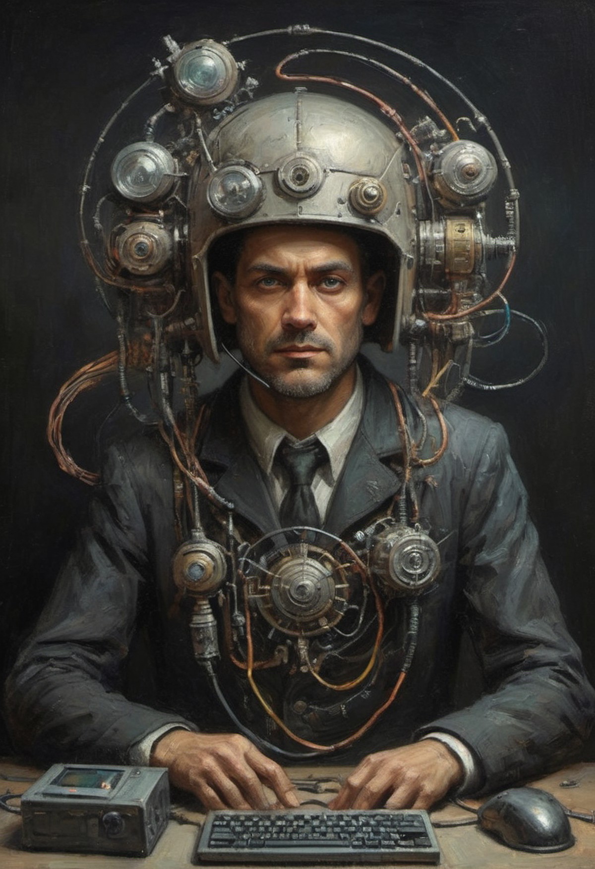 dark cybersteampunk man who interfaces with a retro-futuristic rube-goldberg manifestation of the internet with cables fro...