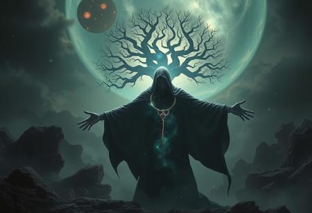 A universe inside a dark cloaked figure within mysterious landscape in an unfathomable realm of fantastic creation inhabited by ancient shadows of a forgotten time beyond the gate of the gateless gate where life is limitless, light is shadow and shadow is light, eerie sense, horror, spark of the beginning, existence and nonexistence at once, ethereal, outstretched arms, behold the end of the beginning, inglorious glory to the dark one, betrayal of the ancient order, beware the 7headed beast, destroyer of the old ways, bearer of the unbearable, nightmarish, archaic runes, tree aging backwards, breath of the gods, ruins of a place unimagined, extreme intricate detail, photorealistic, beyond epic scene, fate discarded, unseeable face of god, the end is the beginning, the beginning is the end, man arises as god dies, as above so below, as below so above, emerald tablet, thoth, guardian and saboteur of existence, hopeless hope, ghosts of the unborn, conception of the inconceivable, cosmic well of imperceptible perception, evil aura, infinite emptiness, pillars of void, overwhelming subtlety, abstract sacred geometry, beams of readiness without intention, gift of doom, despair of the ages, hidden secret warnings from dead gods, hand carved by the conductor of unholy loneliness with the sands of time incarnate, farewell her majesty of the most high, adorned with otherworldly artifacts