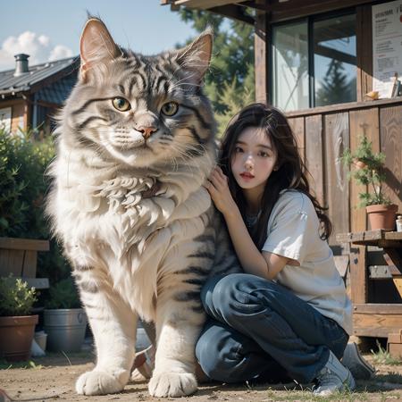 photorealistic,realistic,photography,masterpiece,best quality,ultra-detailed,extremely detailed CG unity 8k wallpaper,1girl,oversized cat,outdoors,on the grassland,<lora:md_20230912225623-000006:0.7>,