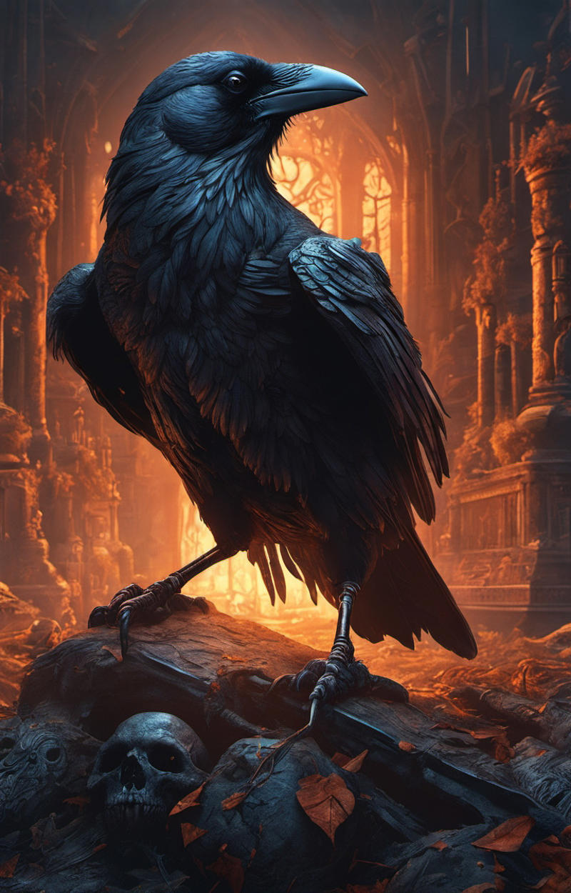 An Artistic Rendering of a Black Bird with Spiky Feathers Perched on a Rock in a Cave-like Setting