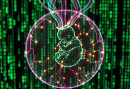 matrix of glowing translucent binary digits of code cascading, comprised of detailed vertical cascading streams of glowing green Matrix-like code, depth of field, code droplets in shape of human embryo connected to intersection of nodes in circulatory system, ultrasound detailed sonogram