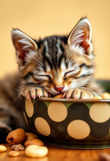 A cute kitten falling asleep into food bowl while eating