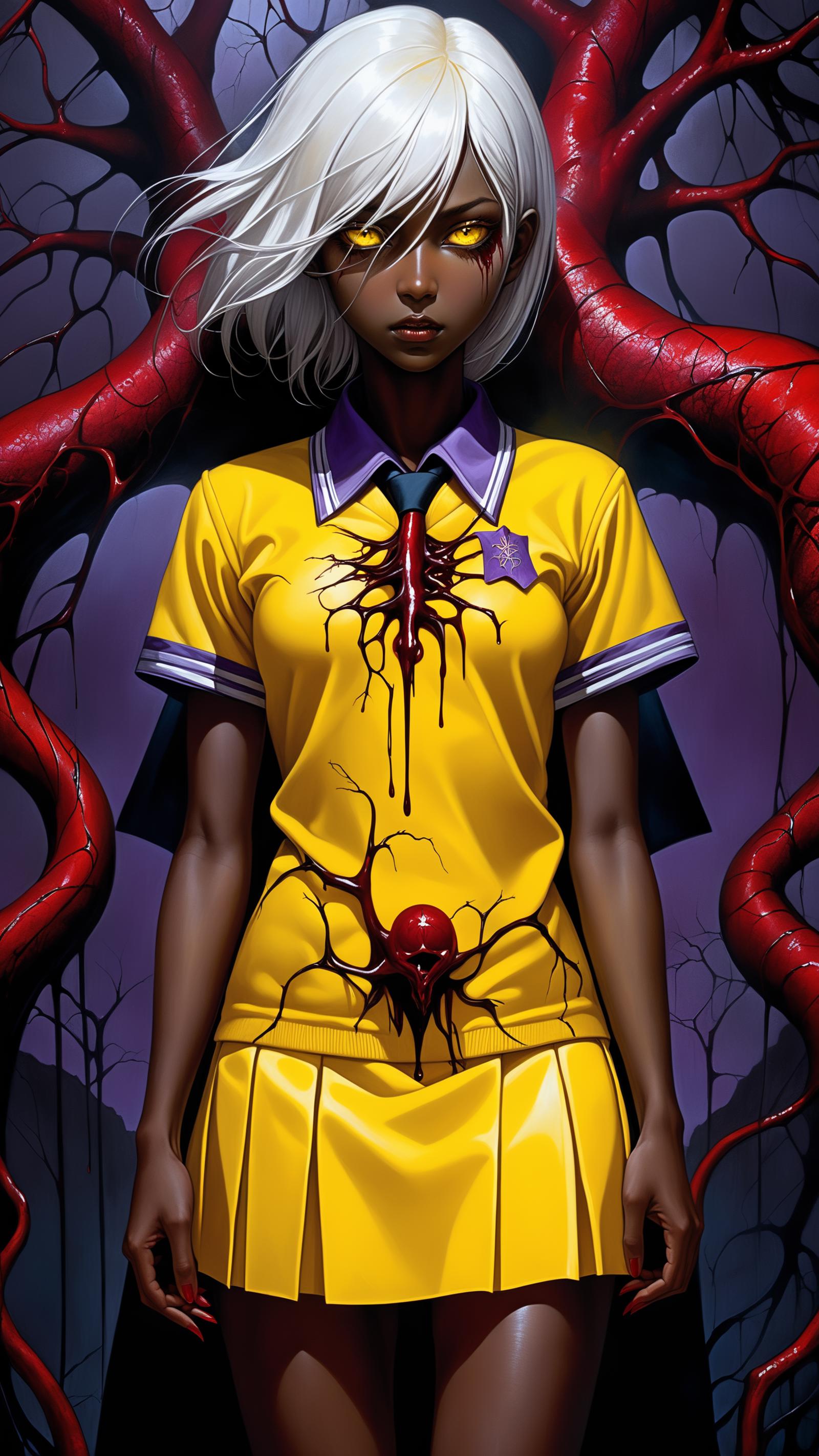 A female character with an open chest and a red heart in a yellow shirt.