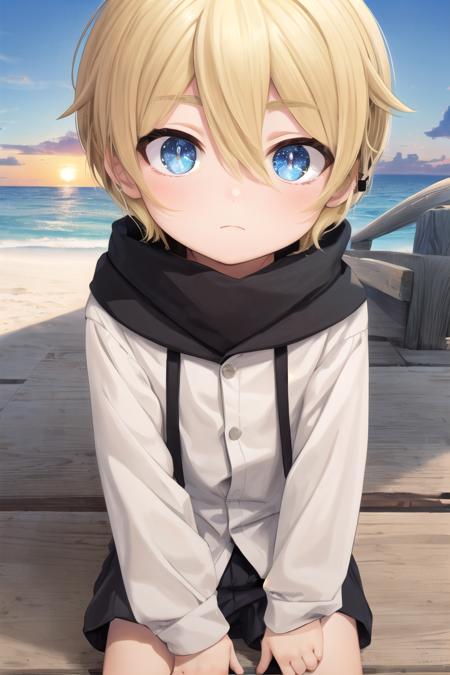 (1boy:1.4),
multicolored background, looking at viewer, hair between eyes, highlight in eyes, (very short hair),
crew cut, (blonde hair:2), (fully clothed :1.4), colorful eyes, ((masterpiece,4:1)),  full shot,
multiple details, sky, sea, beach,  whole body, short hair, handsome, (bulge:0.4), 
beautiful eyes (vocaloid), delicate features, high light in eyes, (narrow chin:1.5), triangle chin,  (introvert:1.6)
petite, young, juvenile, short hair, detailed beautiful little boy, adorable boy, sparkling eyes, (sunset beach), muscular:0.6