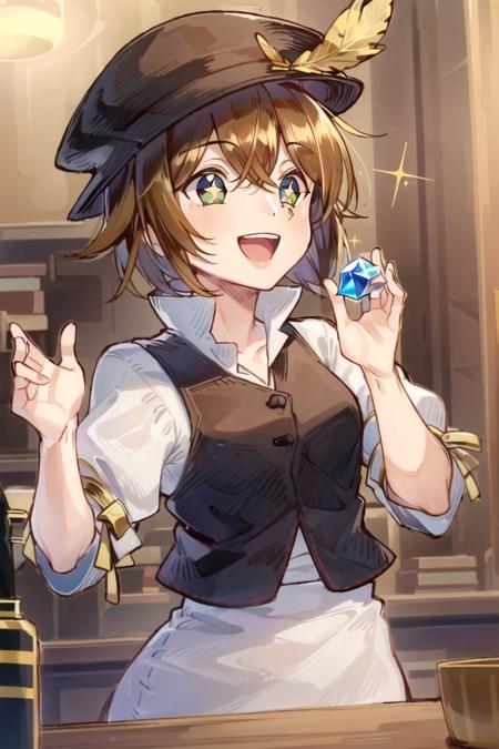 <lora:Tressa:0.8>, tressa, 1girl, star shaped pupils, sparkling eyes, excited, holding gemstone,  :D, looking away, hat feather, masterpiece, best quality,