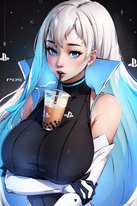 Highly detailed, High Quality, Masterpiece, beautiful, Playstation-chan, <lora:Char_Meme_Playstationchan:0.8>, boobatea, with a cup of bubble tea on her boobs, lips on the straw, drinking through the straw, <lora:Pos_BoobaTea:0.8>, (detailed face and eyes:1.3)