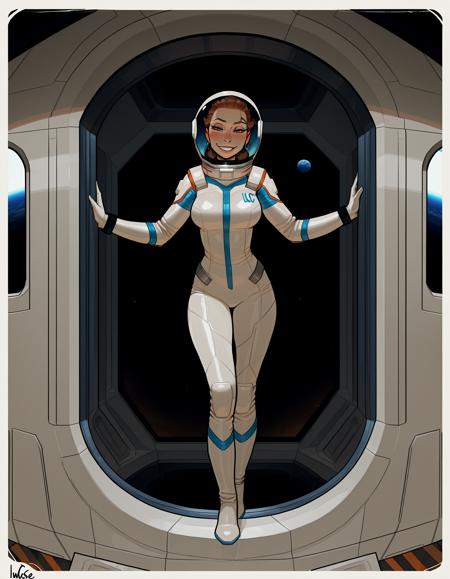 IllustriousQual, detailed face,
tall woman, milf, solo, thick build, long brown hair, hair pulled back, medium breasts, long legs, (muscular thighs:0.3),
flirty smiling, wearing a spacesuit and helmet, on a space station, posing in an airlock, view of blue planet out of window,
<lora:incaseIllustrious:0.8> incase style,