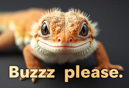 A cute fluffy lizard with big sad begging eyes, big text below that says "Buzz please"