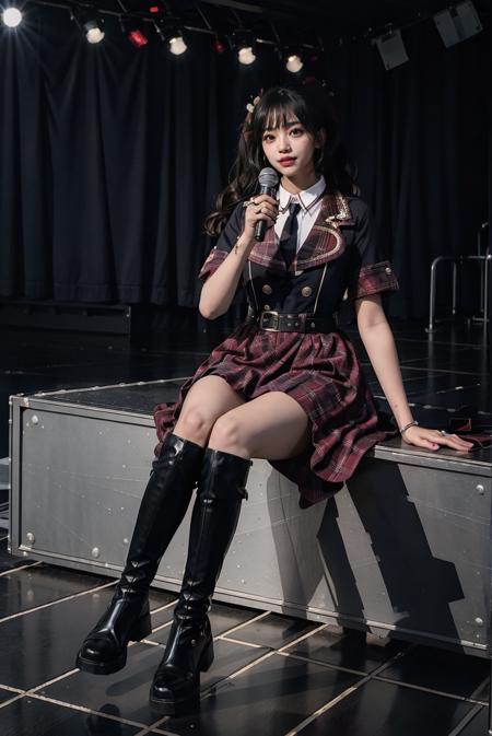 realistic, photorealistic, masterpiece, incredibly absurdres, extremely detailed, best quality, idol_costume, knee boots, 1girl, solo, idol, full body, long black hair, twintails, sitting, stage in the backgorund, stage lighting, stage spotlight, detailed background, audience, holding microphone, singing, <lora:idol_costume_style5_v1:0.7>