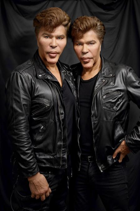 bogdanoff_bros, black leather jacket, realistic, best quality, <lora:bogdanoff_9:1>
