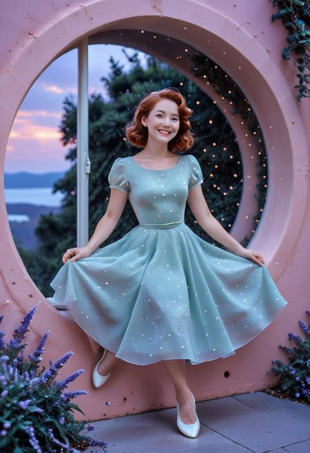 A woman reclines sideways inside a perfectly circular architectural opening set in a soft blush-pink wall. She wears a mint-green vintage-style dress with a full skirt and short sleeves, paired with white ballet flats. Her auburn hair is styled in soft waves, partially pinned back, and she smiles gently while looking slightly off-camera. Behind her, the circular opening frames a lavender-toned glowing twilight sky with faint-glowing stars beginning to appear. The composition is minimalist, stylized, and highly graphic, evoking a retro fashion editorial. 
Tags: flat colors, cel shading, comic book style, window into glowing nature, best_quality, amazing quality, masterpiece, absurdres, highres, very_detailed, extremely_detailed, ultra_detailed, sharp_focus, clean_lines, high_detail, intricate detail
