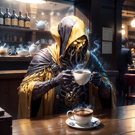 <lora:Hastur-000001:.7> Hastur, king in yellows in caffe having breakfast