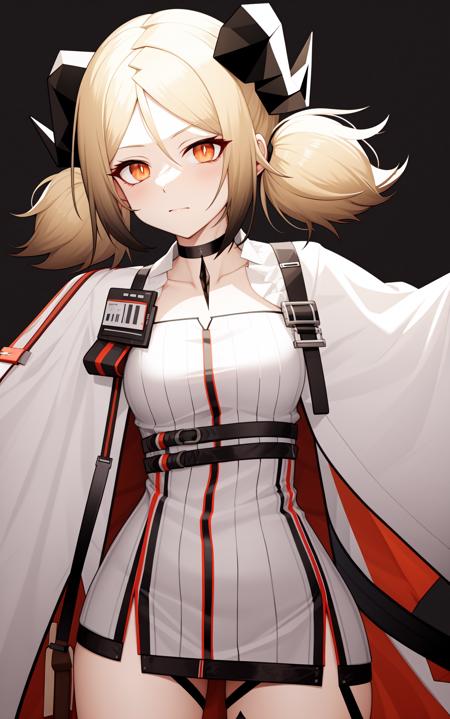 yifulite, ifrit \\(arknights\\), horns, blonde hair, orange eyes, choker, short hair, twintails, demon horns, black choker, dress, oripathy lesion \\(arknights\\)