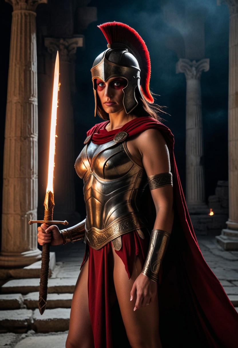 Score_9, score_8_up, score_7_up, Within the shadows of a Greek temple's ancient facade, a Spartan warrior woman stands defiantly, her gaze piercing through the darkness like two glowing crimson eyes. Her face is set in a fierce fighting stance, adorned with the iconic Spartan helmet and armor. A crimson cloak billows behind her like a fiery aura. In one hand, she grasps a sturdy Spartan buckler, while the other holds aloft a sharp-tipped Spartan spear. The air is heavy with tension as she locks eyes with the viewer, her unyielding determination radiating through the dark night like a beacon of courage. Movie special effects grade style.