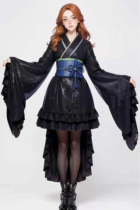 g0thk1m0n0, pantyhose, goth kimono, sleeves past wrists, high heel boots,