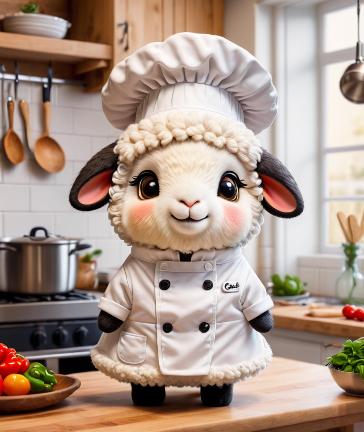A small stuffed sheep wearing a chef's outfit and standing in a kitchen.